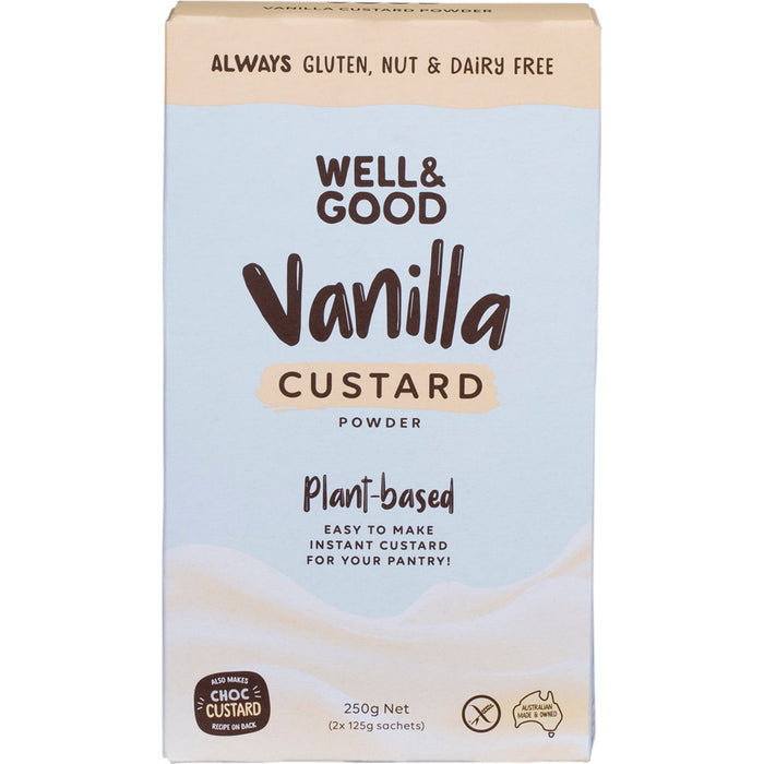 Box of Well & Good Vanilla Custard Powder on a white background