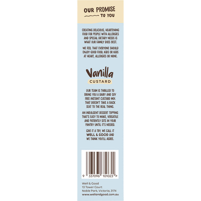 Back of a vanilla custard package with text and a barcode on a white background