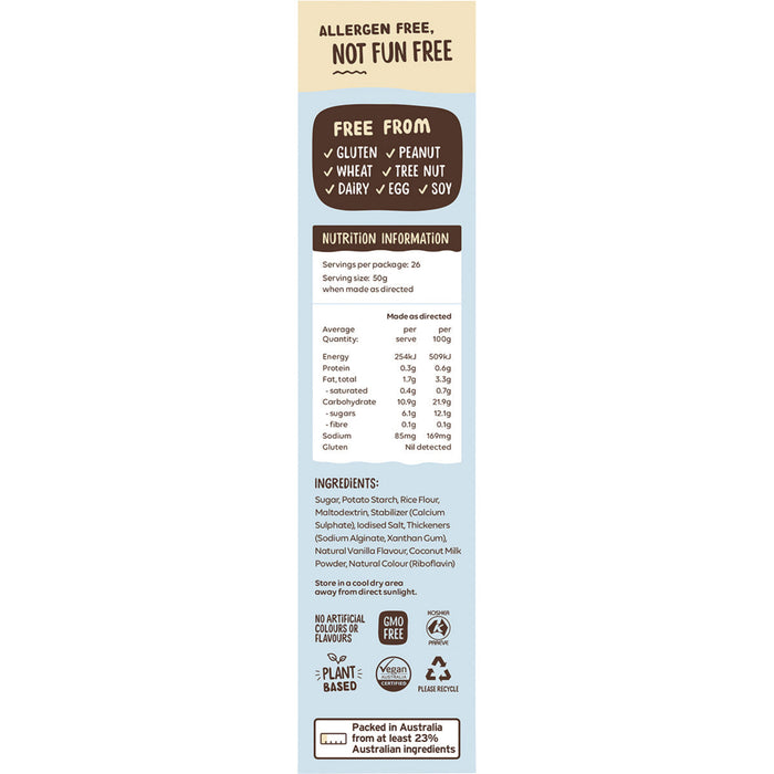 Allergen-free product label with nutrition information and ingredient list on a white background
