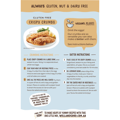 Product packaging for gluten-free crispy crumbles with instructions and branding details.