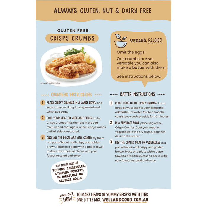 Product packaging for gluten-free crispy crumbles with instructions and branding details.