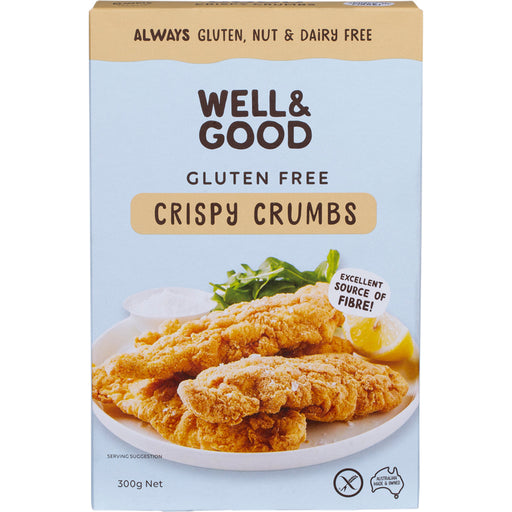 Box of Well & Good gluten-free crispy crumbs with a plate of fried chicken and garnishes on a light blue background.