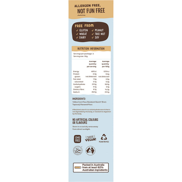 Nutrition label and ingredient list on a product packaging with allergen-free information.