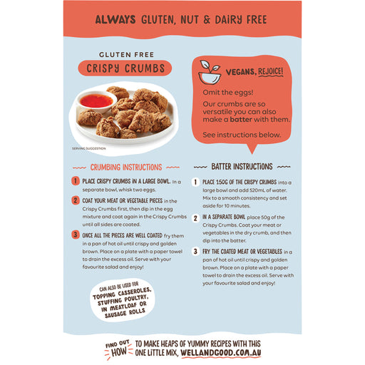 Product packaging with instructions for using Crispy Crumbs, highlighting gluten-free, nut-free, and dairy-free attributes.
