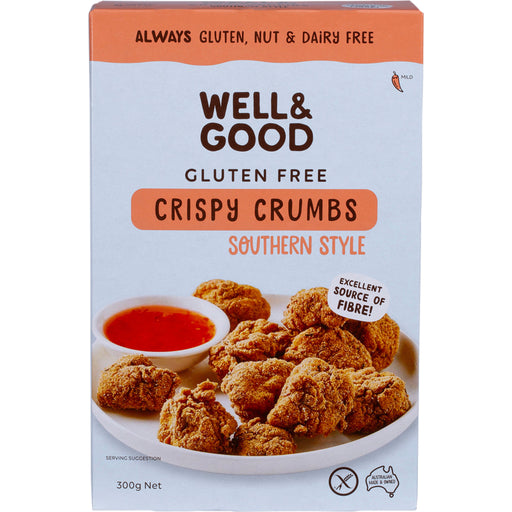 Box of Well & Good gluten-free crispy crumbs with a bowl of dipping sauce on a white background