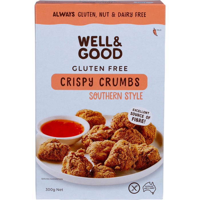 Box of Well & Good gluten-free crispy crumbs with a bowl of dipping sauce on a white background