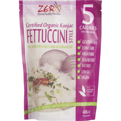 Package of Zero Slim & Healthy Noodles Konjac Fettuccini on a white background