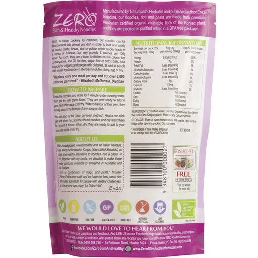 Back of a Zer0 noodle package with nutritional information and branding details.