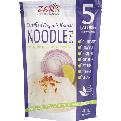 Package of certified organic konjac noodles with nutritional information on a white background