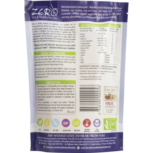 Back of a ZER0 Slim & Healthy Noodles package with nutritional information and branding details.